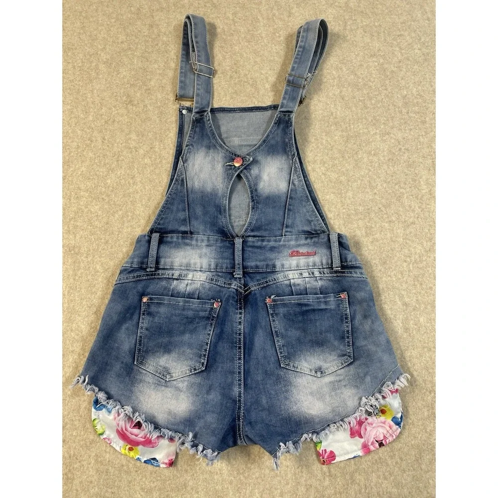 Denim Jean Girls ShortAlls Artsey Vibrant Patches Distressed Hem Painted Paris M
